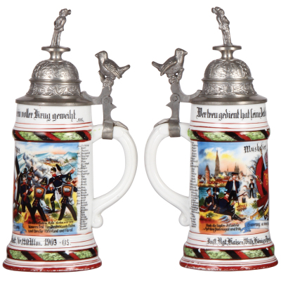 Regimental stein, .5L, 11.0" ht., porcelain, 2. Comp., Inft. Regt. Nr. 120, Ulm, 1903 - 1905, two side scenes, roster, sparrow thumblift, named to: Musketier Grees, some wear on lower red band, a few paint flakes. - 2