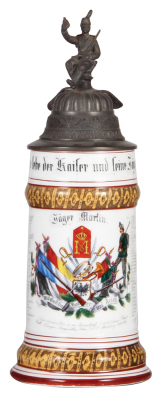 Regimental stein, .5L, 11.2'' ht., porcelain, 3. Comp., Jäger Bataillon Nr. 11, Marburg, 1897 - 1899, two side scenes, roster, eagle thumblift, named to: Jäger Martin, some word and color wear, pewter tear.