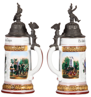 Regimental stein, .5L, 11.2'' ht., porcelain, 3. Comp., Jäger Bataillon Nr. 11, Marburg, 1897 - 1899, two side scenes, roster, eagle thumblift, named to: Jäger Martin, some word and color wear, pewter tear. - 2