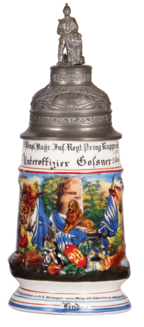 Regimental stein, .5L, 10.1" ht., porcelain, 3. Comp., bayr. Inft. Regt. Nr. 20, Lindau, 1909 - 1911, two side scenes, roster, lion thumblift, named to: Unteroffizier Gossner, poorly repaired pewter tear, working but damaged hinge, small paint flake on ha