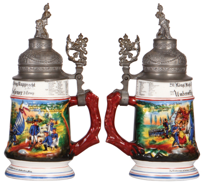 Regimental stein, .5L, 10.1" ht., porcelain, 3. Comp., bayr. Inft. Regt. Nr. 20, Lindau, 1909 - 1911, two side scenes, roster, lion thumblift, named to: Unteroffizier Gossner, poorly repaired pewter tear, working but damaged hinge, small paint flake on ha - 2