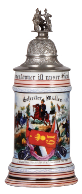 Regimental stein, .5L, 10.3" ht., porcelain, F. Battr., Feld Artl. Regt. Nr. 61, Darmstadt, 1900 - 1902, roster, lion thumblift, named to: Gefreiter Müller, good repair of base chips.