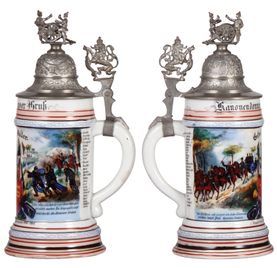 Regimental stein, .5L, 10.3" ht., porcelain, F. Battr., Feld Artl. Regt. Nr. 61, Darmstadt, 1900 - 1902, roster, lion thumblift, named to: Gefreiter Müller, good repair of base chips. - 2