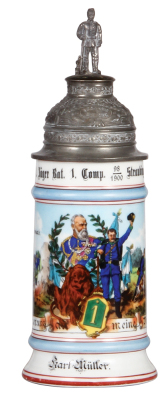 Regimental stein, .5L, 11.0'' ht., porcelain, 1. Comp., bayr. Jäger Bataillon Nr. 1, Straubing, 1898 - 1900, two side scenes, roster, lion thumblift, named to: Karl Müller, pewter strap & finial repaired, faint tear at rear of lid, small lithophane line.