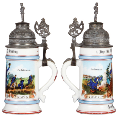 Regimental stein, .5L, 11.0'' ht., porcelain, 1. Comp., bayr. Jäger Bataillon Nr. 1, Straubing, 1898 - 1900, two side scenes, roster, lion thumblift, named to: Karl Müller, pewter strap & finial repaired, faint tear at rear of lid, small lithophane line. - 2