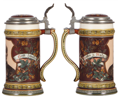 Two Mettlach steins, .5L, 1395, etched, metal lid, mint; with, .5L, 1997, etched, PUG, inlaid lid, George Ehret Brewery, mint. - 2