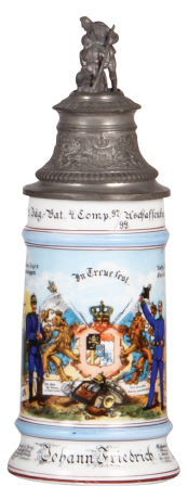 Regimental stein, .5L, 10.5'' ht., porcelain, 4. Comp., Bayr. Jäger Bataillon Nr. 2, Aschaffenburg, 1897 - 1899, two side scenes, roster, lion thumblift, named to: Johann Friedrich, fair repair of pewter tear at rear of lid, body mint.