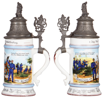 Regimental stein, .5L, 10.5'' ht., porcelain, 4. Comp., Bayr. Jäger Bataillon Nr. 2, Aschaffenburg, 1897 - 1899, two side scenes, roster, lion thumblift, named to: Johann Friedrich, fair repair of pewter tear at rear of lid, body mint. - 2