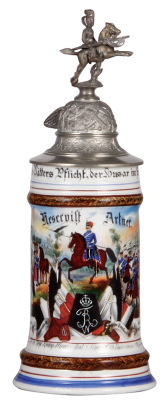 Regimental stein, .5L, 11.5'' ht., porcelain, 5. Esk., Husaren Regt. Nr. 13, Bockenheim, 1899 - 1902, two side scenes, roster, eagle thumblift, named to: Reservist Artner, a little word wear, faint lithophane line.