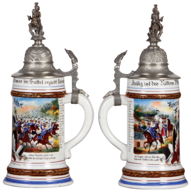 Regimental stein, .5L, 11.5'' ht., porcelain, 5. Esk., Husaren Regt. Nr. 13, Bockenheim, 1899 - 1902, two side scenes, roster, eagle thumblift, named to: Reservist Artner, a little word wear, faint lithophane line. - 2