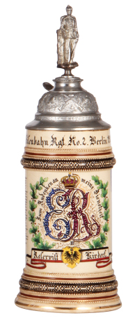 Regimental stein, .5L, 12.0" ht., pottery, 6. Comp., Eisenbahn Regt. Nr. 2, Berlin, 1902 - 1904, two side scenes, roster, eagle thumblift, named to: Reservist Kirdorf, replaced finial, body mint.