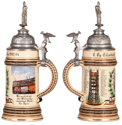 Regimental stein, .5L, 12.0" ht., pottery, 6. Comp., Eisenbahn Regt. Nr. 2, Berlin, 1902 - 1904, two side scenes, roster, eagle thumblift, named to: Reservist Kirdorf, replaced finial, body mint. - 2