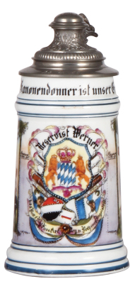 Regimental stein, .5L, 8.2" ht., porcelain, 5. Batt., bayr. 1. Fuss Artl. Regt., Ingolstadt, 1896 - 1898, two side scenes, named to: Reservist Werner, replaced lid, poorly attached, lithophane lines.