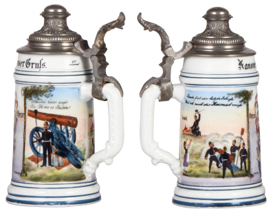 Regimental stein, .5L, 8.2" ht., porcelain, 5. Batt., bayr. 1. Fuss Artl. Regt., Ingolstadt, 1896 - 1898, two side scenes, named to: Reservist Werner, replaced lid, poorly attached, lithophane lines. - 2