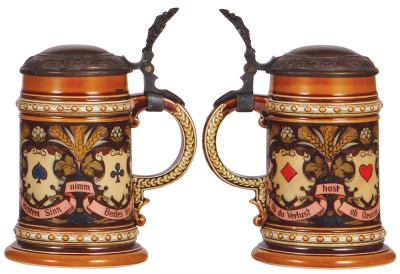 Two Mettlach steins, .5L, 1395, etched, metal lid, mint; with, .5L, 1997, etched, PUG, inlaid lid, George Ehret Brewery, mint. - 3