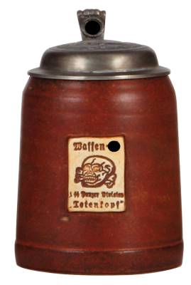 Third Reich stein, .5L, reproduction made after 1950, Waffen SS, pewter lid with relief helmet with swastika, mint.