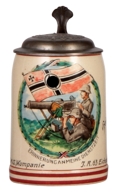 Third Reich stein, .5L, pottery, 17. [E.M.G.] Komp., I.R. 63, Eichstätt, owner's name, replacement pewter lid with relief helmet with swastika, color wear to red on flag.