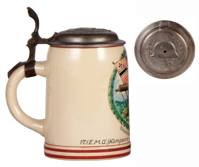 Third Reich stein, .5L, pottery, 17. [E.M.G.] Komp., I.R. 63, Eichstätt, owner's name, replacement pewter lid with relief helmet with swastika, color wear to red on flag. - 3