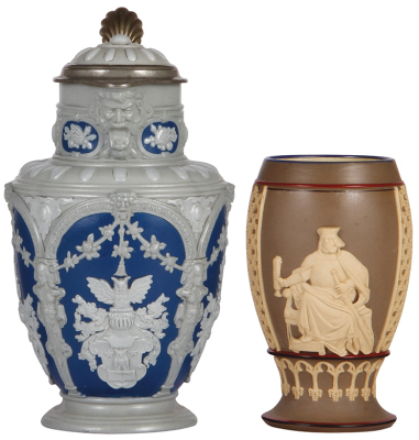 Two Mettlach items, stein, 2076, 1.8L, 11.0'' ht., relief, inlaid lid, mint; with, pokal, 7.1'' ht., earlyware, Gambrinus, no lid, interior painted.