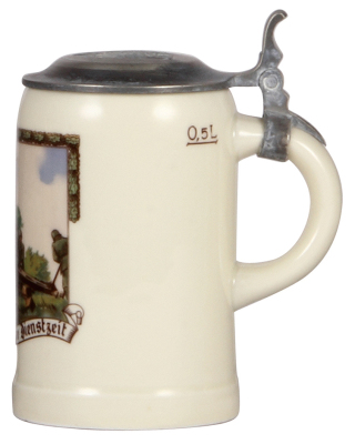 Third Reich stein, .5L, porcelain, artillery scene, replacement pewter lid with eagle and swastika, small base flake. - 2