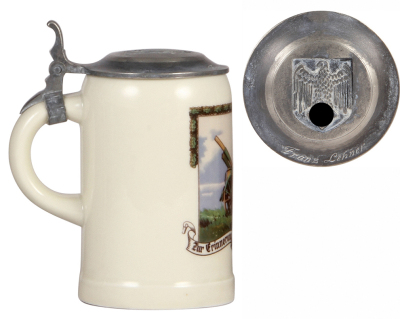 Third Reich stein, .5L, porcelain, artillery scene, replacement pewter lid with eagle and swastika, small base flake. - 3