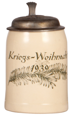 Third Reich stein, .5L, Mettlach, 1526, Kriegs-Weihnacht, 1939, replacement pewter lid with relief helmet with swastika, body mint.