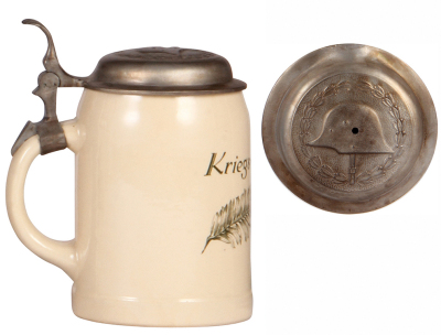 Third Reich stein, .5L, Mettlach, 1526, Kriegs-Weihnacht, 1939, replacement pewter lid with relief helmet with swastika, body mint. - 3