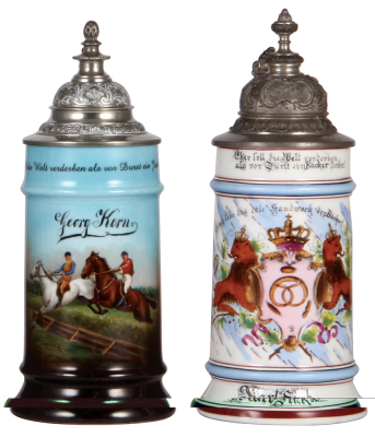 Two porcelain steins, .5L, transfer & hand-painted, Occupational Jockey [Jockey], pewter lid, pewter strap repaired, otherwise mint; with, transfer & hand-painted, Occupational Bäcker [Baker], pewter lid, mint.