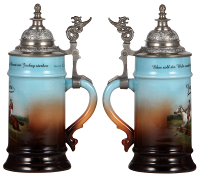 Two porcelain steins, .5L, transfer & hand-painted, Occupational Jockey [Jockey], pewter lid, pewter strap repaired, otherwise mint; with, transfer & hand-painted, Occupational Bäcker [Baker], pewter lid, mint. - 2