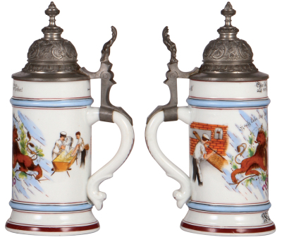 Two porcelain steins, .5L, transfer & hand-painted, Occupational Jockey [Jockey], pewter lid, pewter strap repaired, otherwise mint; with, transfer & hand-painted, Occupational Bäcker [Baker], pewter lid, mint. - 3