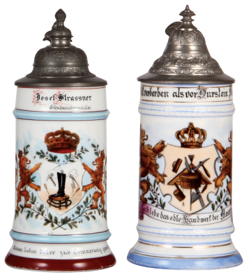 Two porcelain steins, .5L, transfer & hand-painted, Occupational Schuhmachermeister [Master Shoemaker], pewter lid, missing center hinge ring, works well, body mint; with, transfer & hand-painted, Occupational Maurer [Mason], pewter lid, a little base ban