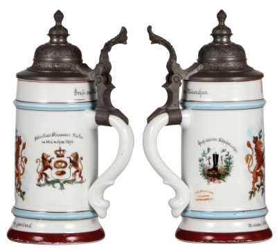 Two porcelain steins, .5L, transfer & hand-painted, Occupational Schuhmachermeister [Master Shoemaker], pewter lid, missing center hinge ring, works well, body mint; with, transfer & hand-painted, Occupational Maurer [Mason], pewter lid, a little base ban - 2