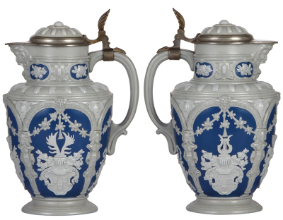 Two Mettlach items, stein, 2076, 1.8L, 11.0'' ht., relief, inlaid lid, mint; with, pokal, 7.1'' ht., earlyware, Gambrinus, no lid, interior painted. - 2