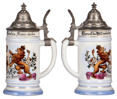 Two porcelain steins, .5L, transfer & hand-painted, Occupational Schuhmachermeister [Master Shoemaker], pewter lid, missing center hinge ring, works well, body mint; with, transfer & hand-painted, Occupational Maurer [Mason], pewter lid, a little base ban - 3