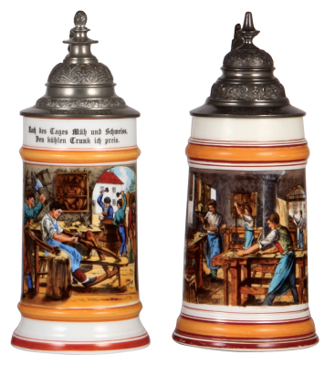 Two porcelain steins, .5L, transfer & hand-painted, Occupational Schäffler [Barrel Maker], pewter lid, mint; with, transfer & hand-painted, Occupational Tischler [Carpenter], pewter lid, slight pewter tear, otherwise mint.