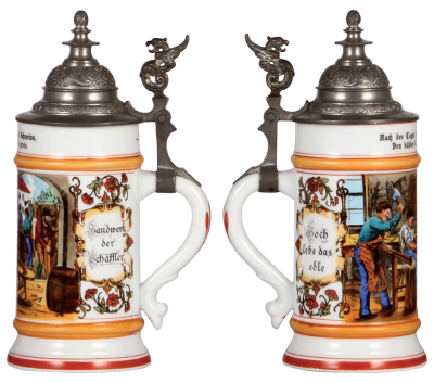 Two porcelain steins, .5L, transfer & hand-painted, Occupational Schäffler [Barrel Maker], pewter lid, mint; with, transfer & hand-painted, Occupational Tischler [Carpenter], pewter lid, slight pewter tear, otherwise mint. - 2