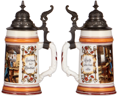 Two porcelain steins, .5L, transfer & hand-painted, Occupational Schäffler [Barrel Maker], pewter lid, mint; with, transfer & hand-painted, Occupational Tischler [Carpenter], pewter lid, slight pewter tear, otherwise mint. - 3