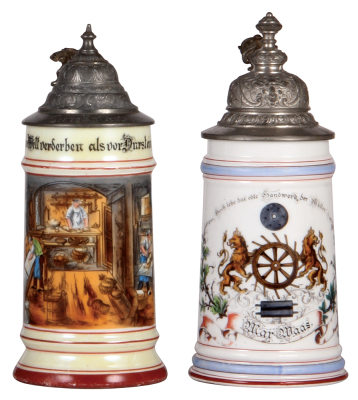 Two porcelain steins, .5L, transfer & hand-painted, Occupational Bäcker [Baker], pewter lid, good pewter tear repair & a little base band wear; with, transfer & hand-painted, Occupational Müller [Miller], pewter lid, small chip inside top rim. 