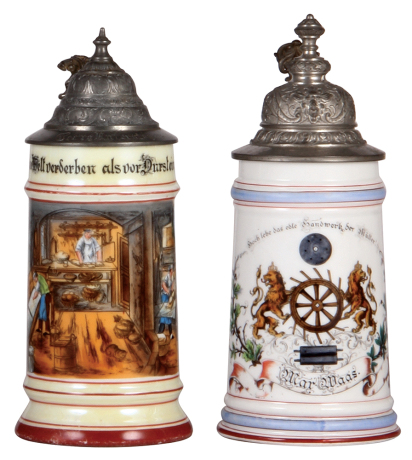 Two porcelain steins, .5L, transfer & hand-painted, Occupational Bäcker [Baker], pewter lid, good pewter tear repair & a little base band wear; with, transfer & hand-painted, Occupational Müller [Miller], pewter lid, small chip inside top rim.