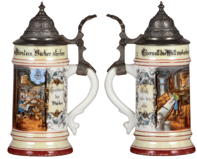 Two porcelain steins, .5L, transfer & hand-painted, Occupational Bäcker [Baker], pewter lid, good pewter tear repair & a little base band wear; with, transfer & hand-painted, Occupational Müller [Miller], pewter lid, small chip inside top rim. - 2