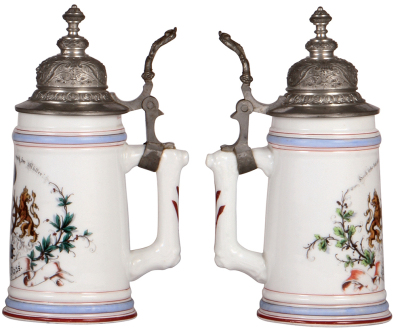 Two porcelain steins, .5L, transfer & hand-painted, Occupational Bäcker [Baker], pewter lid, good pewter tear repair & a little base band wear; with, transfer & hand-painted, Occupational Müller [Miller], pewter lid, small chip inside top rim. - 3