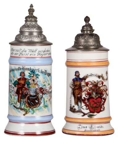 Two porcelain steins, .5L, transfer & hand-painted, Occupational Wagner [Wheelmaker], pewter lid, lithophane lines; with, transfer & hand-painted, Occupational Schreiner [Cabinetmaker], pewter lid, lithophane lines, a little base band wear.