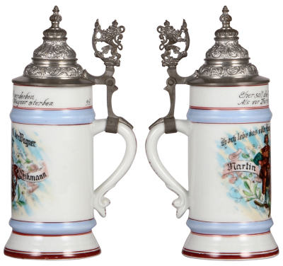 Two porcelain steins, .5L, transfer & hand-painted, Occupational Wagner [Wheelmaker], pewter lid, lithophane lines; with, transfer & hand-painted, Occupational Schreiner [Cabinetmaker], pewter lid, lithophane lines, a little base band wear. - 2