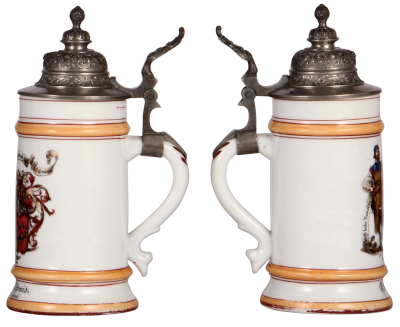 Two porcelain steins, .5L, transfer & hand-painted, Occupational Wagner [Wheelmaker], pewter lid, lithophane lines; with, transfer & hand-painted, Occupational Schreiner [Cabinetmaker], pewter lid, lithophane lines, a little base band wear. - 3