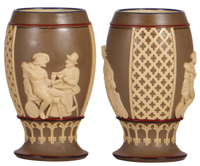 Two Mettlach items, stein, 2076, 1.8L, 11.0'' ht., relief, inlaid lid, mint; with, pokal, 7.1'' ht., earlyware, Gambrinus, no lid, interior painted. - 3