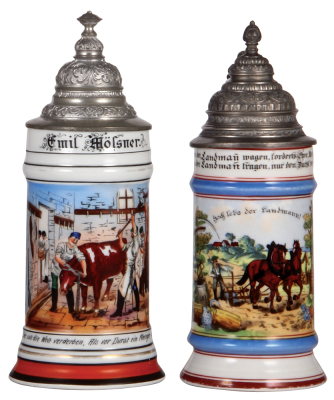 Two porcelain steins, .5L, transfer & hand-painted, Occupational Metzger [Butcher], pewter lid, slight pewter tear, lithophane line; with, transfer & hand-painted, Occupational Landmann [Farmer], pewter lid, good pewter tear repair, otherwise mint.