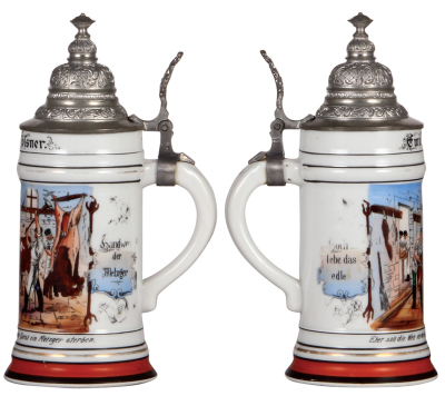 Two porcelain steins, .5L, transfer & hand-painted, Occupational Metzger [Butcher], pewter lid, slight pewter tear, lithophane line; with, transfer & hand-painted, Occupational Landmann [Farmer], pewter lid, good pewter tear repair, otherwise mint. - 2