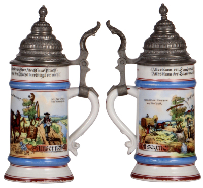 Two porcelain steins, .5L, transfer & hand-painted, Occupational Metzger [Butcher], pewter lid, slight pewter tear, lithophane line; with, transfer & hand-painted, Occupational Landmann [Farmer], pewter lid, good pewter tear repair, otherwise mint. - 3