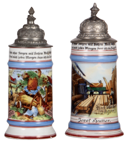 Two porcelain steins, .5L, transfer & hand-painted, Occupational Landmann [Farmer], pewter lid, faint lithophane lines, a little base band wear; with, Occupational Säger [Lumberyard Sawyer], pewter lid, slight pewter tear & finial attachment repaired.