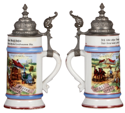 Two porcelain steins, .5L, transfer & hand-painted, Occupational Landmann [Farmer], pewter lid, faint lithophane lines, a little base band wear; with, Occupational Säger [Lumberyard Sawyer], pewter lid, slight pewter tear & finial attachment repaired. - 2